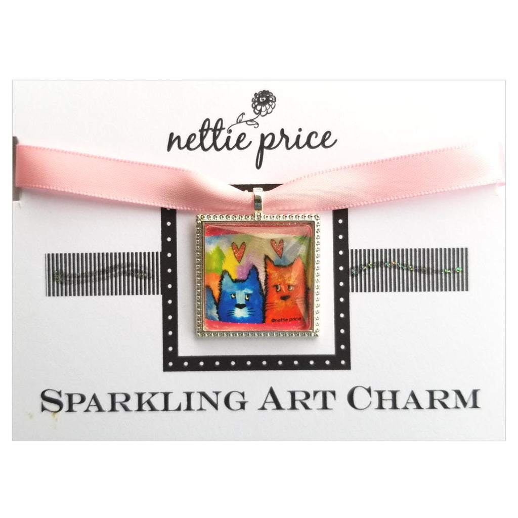2 Kitty Love Sparkling Art Charm Silver Pendant for Cat Necklace or Bracelet