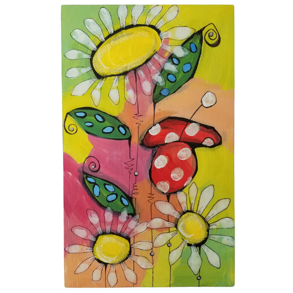 3 Daisies 1 Tulip Flowers Original Acrylic Painting on Wood