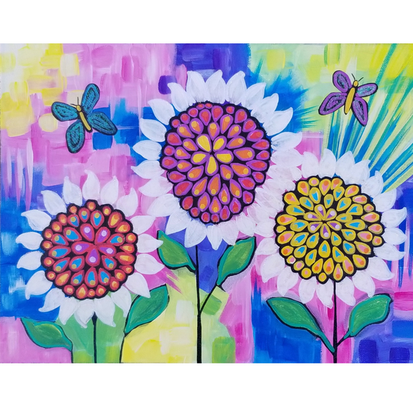 Sunflowers Butterflies original Acrylic Dog Painting on Canvas 11x14