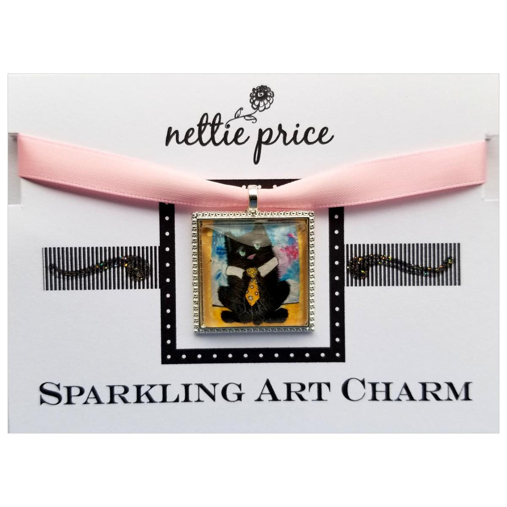 Black Cat Neck Tie Sparkling Art Charm Silver Pendant for Necklace or Bracelet