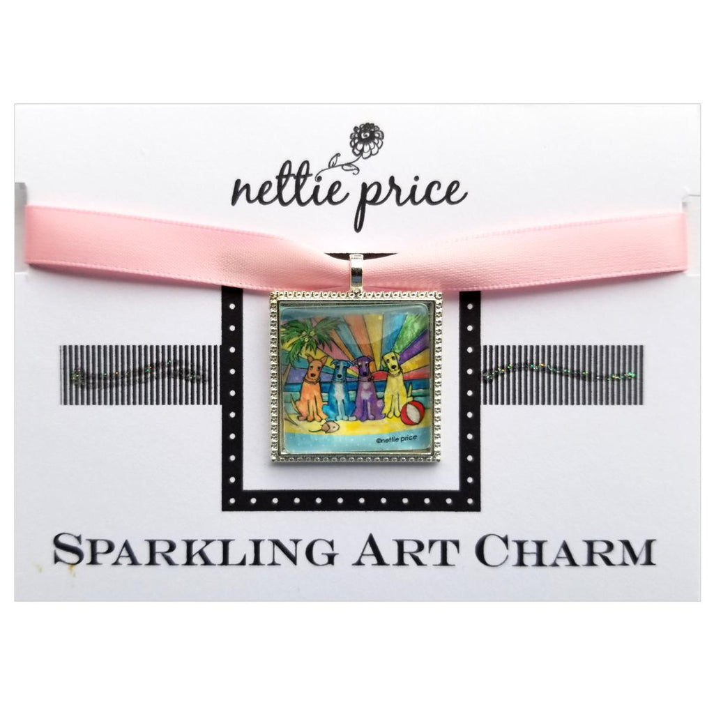 Beach Dog Paradise Sparkling Art Charm Silver Pendant for Necklace or Bracelet