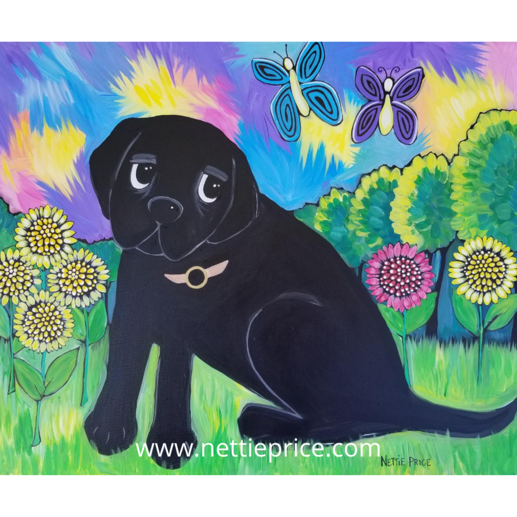Gus Black Lab Sunflowers Butterflies Sparkling Art Print