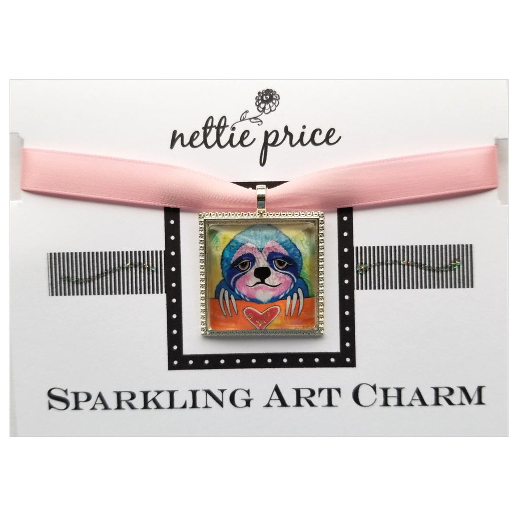 Hope Sloth with Heart Sparkling Art Charm Silver Pendant for Necklace or Bracelet