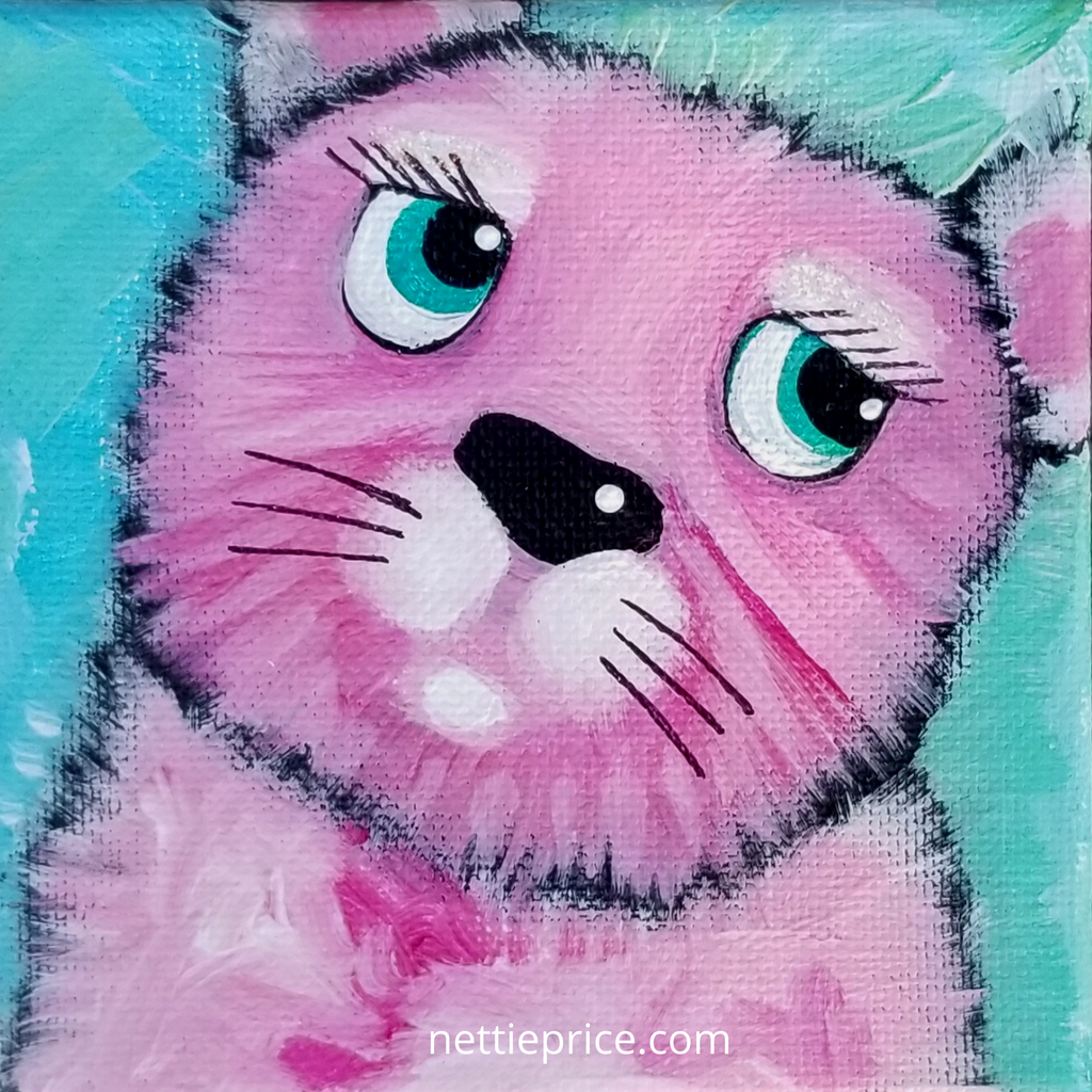 Pink Dog Sparkling Mini Original Acrylic Painting Canvas 4x4x2