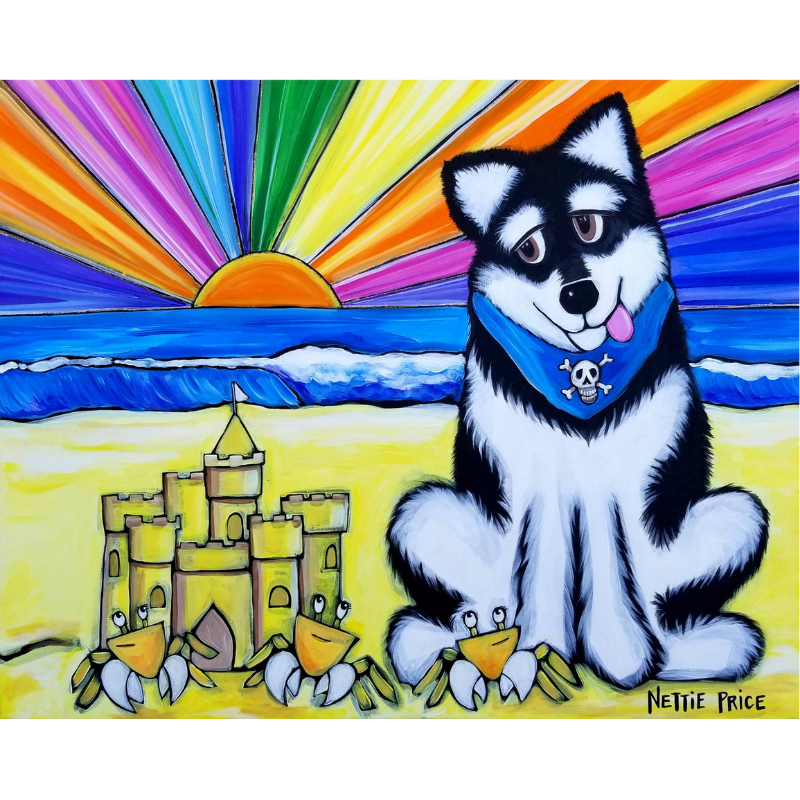Bear on the Beach Malamute Dog Sparkling Art Print