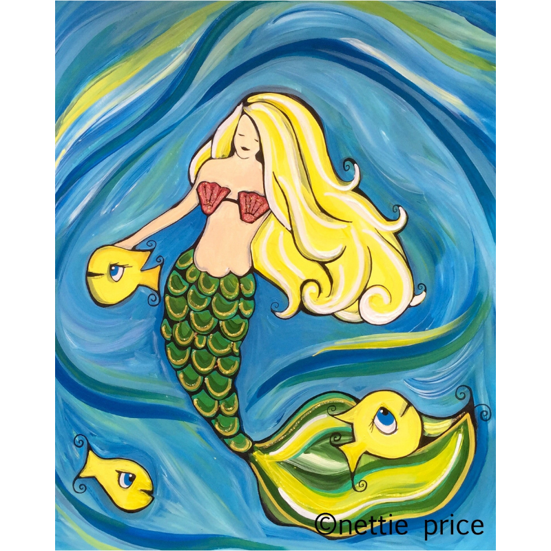 Mermaid Yellow Fish in Ocean Sparkling Art Print