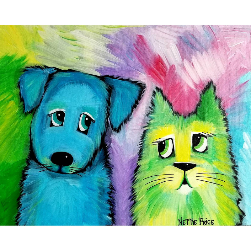 Blue Dog Green Cat Sparkling Art Print