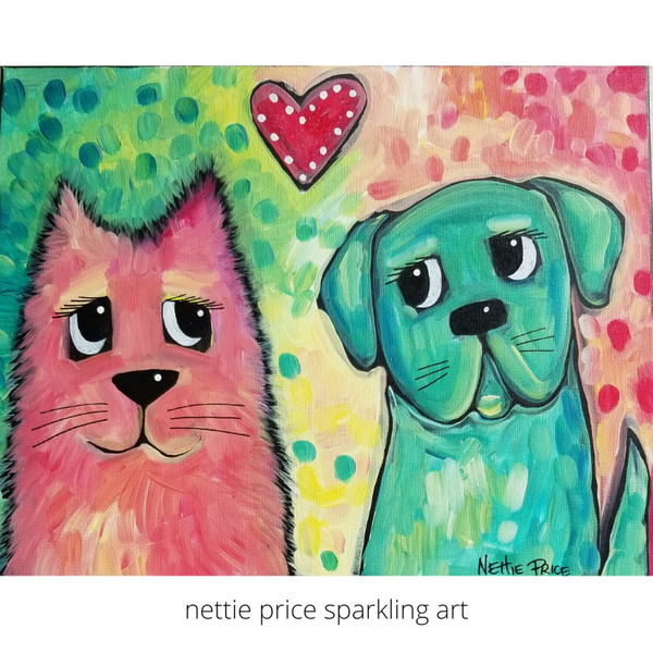 Cat Dog Love Original Acrylic Sparkling Painting on Canvas 16x20x1
