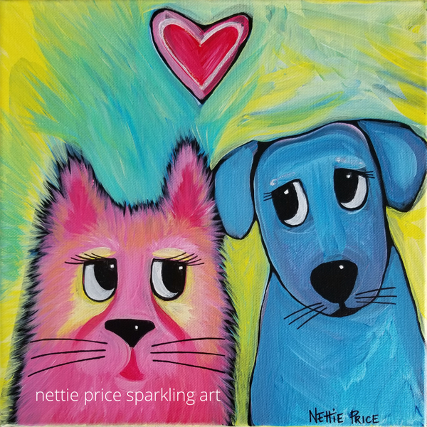 Cat Dog Love Original Acrylic Sparkling Painting on Canvas 12x12x1