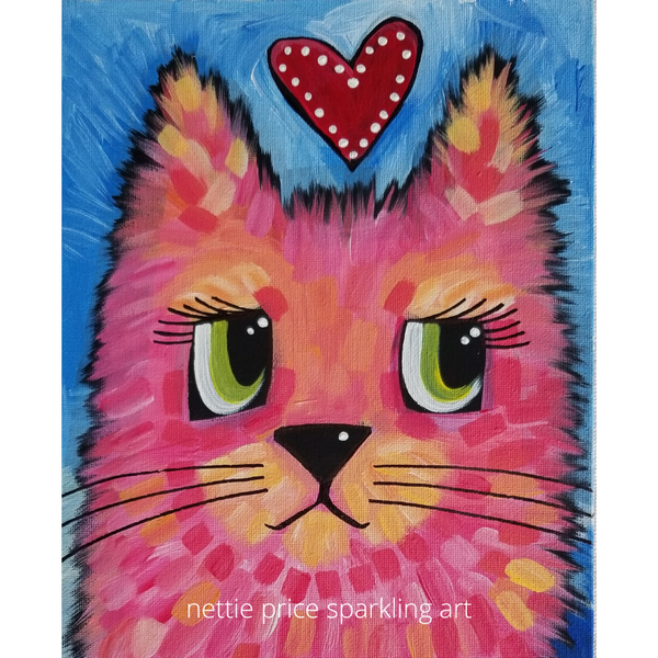 Kitty Love Original Acrylic Sparkling Painting on Canvas Board 8x10