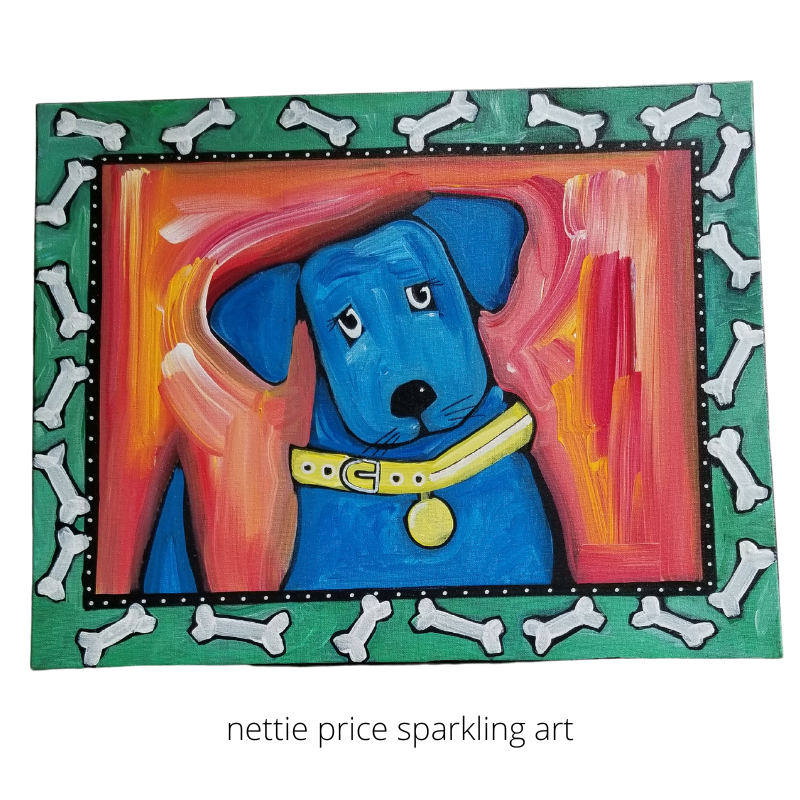 Dog & Bones Original Acrylic Sparkling Painting on Canvas 16x20x1