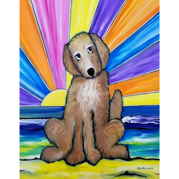 Golden Doodle on the Beach Sparkling Art Print