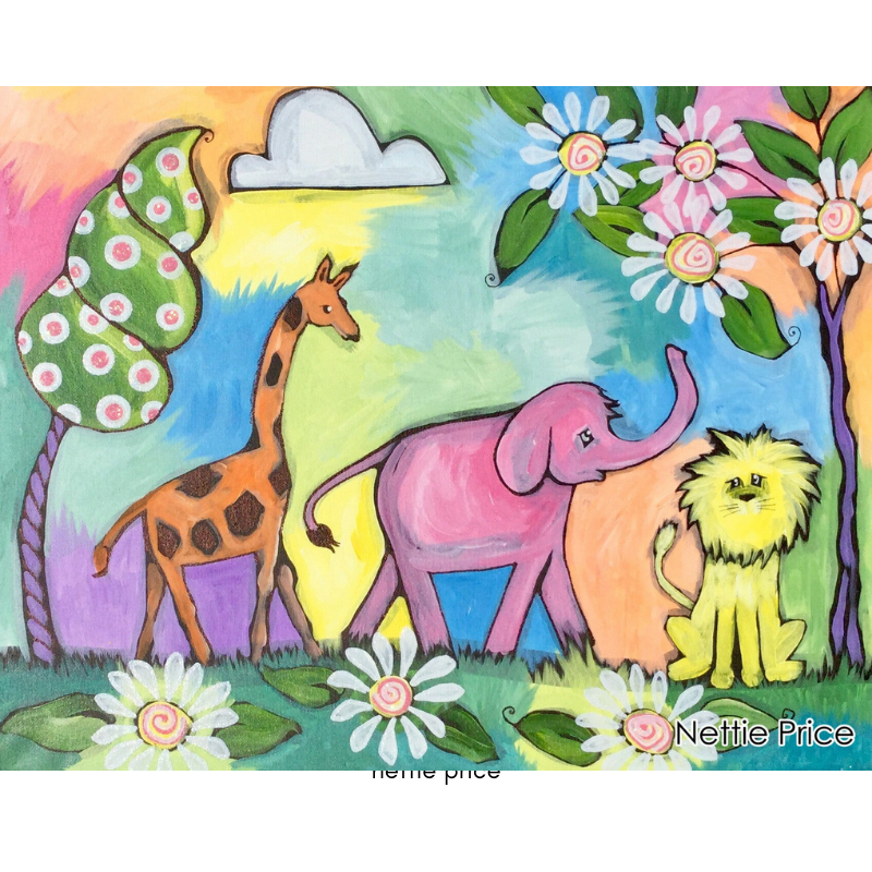Animal Friends Elephant Giraffe & Lion Sparkling Art Print