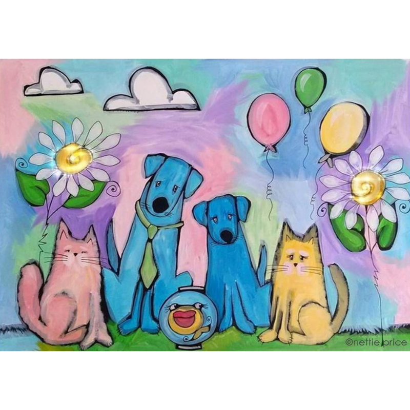 Family Portrait Cats Dogs & Fish Sparkling Art Print