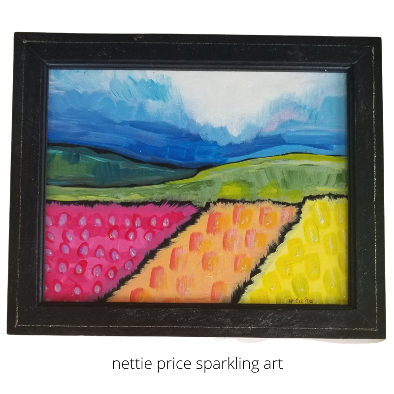 Poppy Field Original Acrylic Sparkling Painting on Framed Canvas