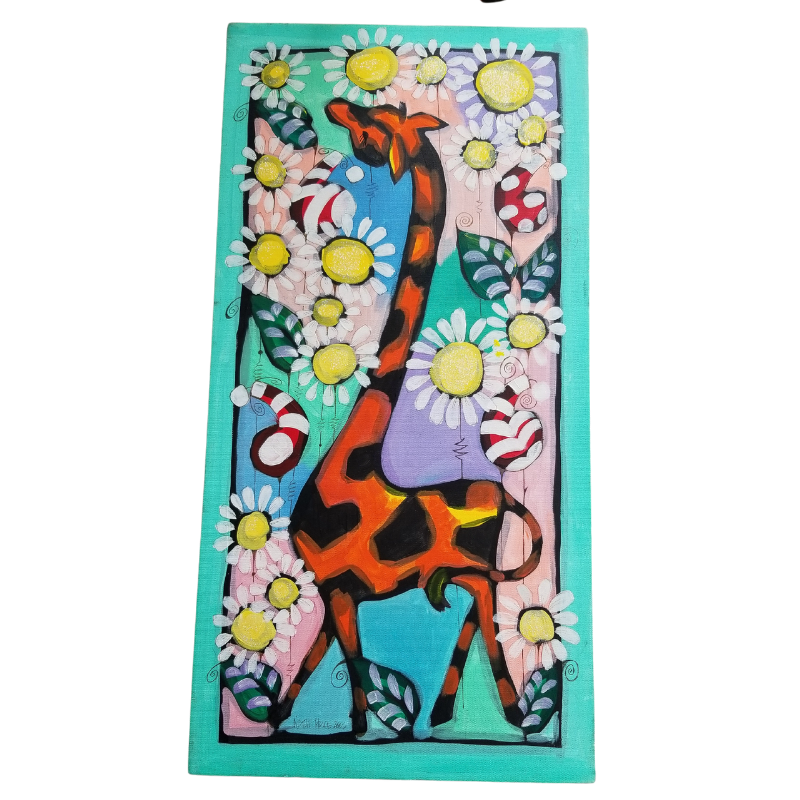 Giraffe & Daisies Original Acrylic Sparkling Painting on Canvas 15x30x1