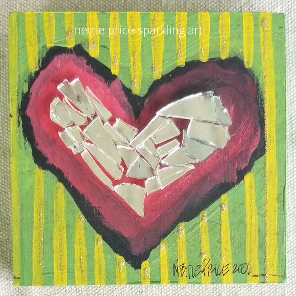 Heart with Mirror Original Acrylic Sparkling Painting on Wood