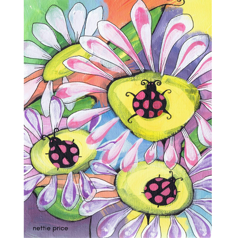 Lady Bugs Daisies Sparkling Art Print