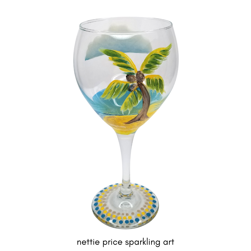 Sparkling Palm Tree & Cloud Hand Painted Wineglass