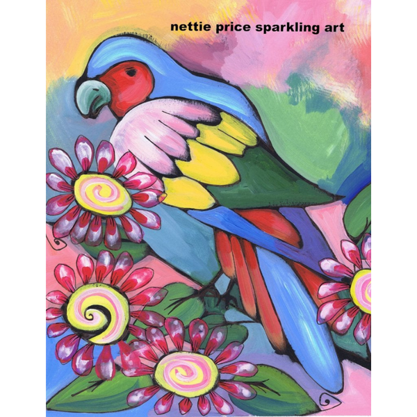 Parrot and Daisies Sparkling Art Print