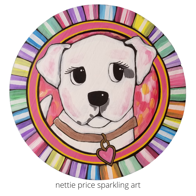 Peg White Pit Bull Round Sparkling Art Print