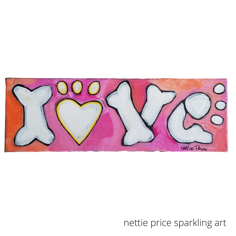 Love Bone with Paw Pink Original Acrylic Painting 12x4x2 Canvas