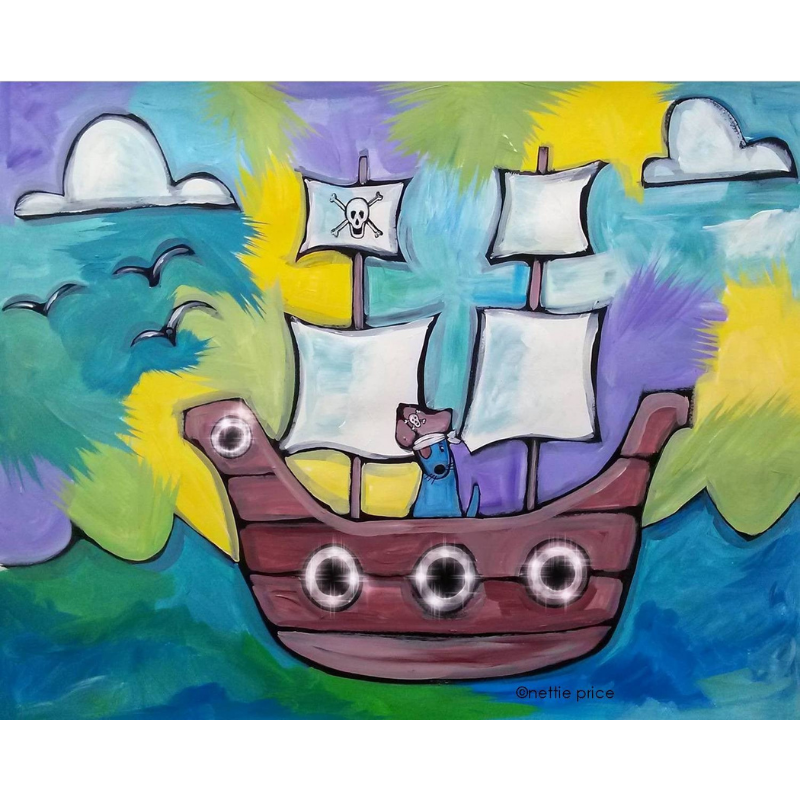 Pirate Ship Blue Dog Sparkling Art Print