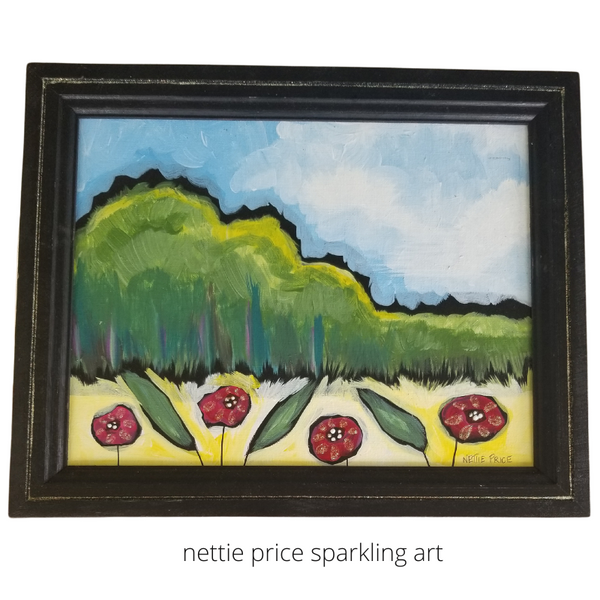 Poppies in a Field Original Acrylic Sparkling Painting on Framed Canvas