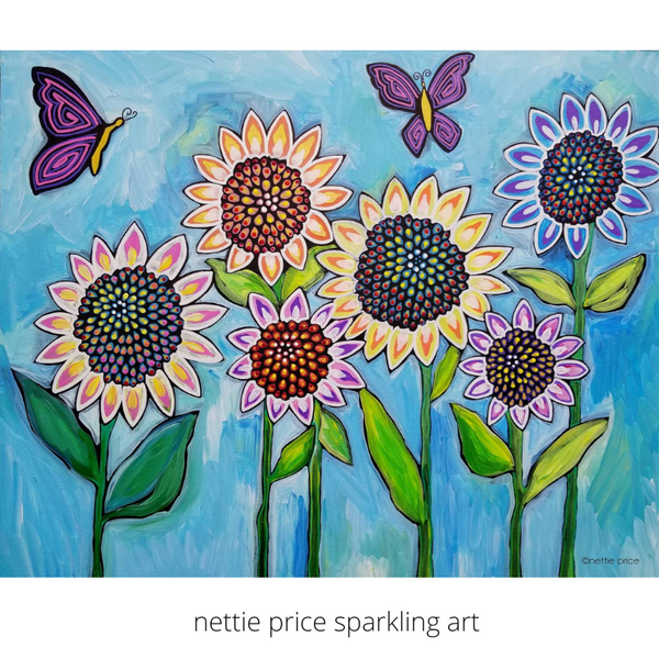 Sunflowers Butterflies Sparkling Art Print