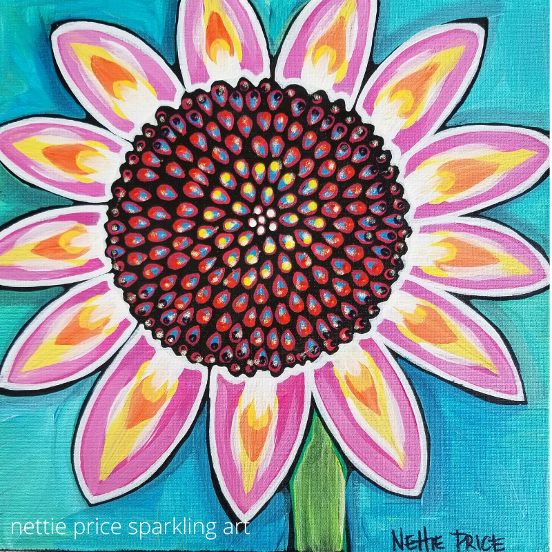 Sunflower Original Acrylic Sparkling Painting on Canvas 12x12x1