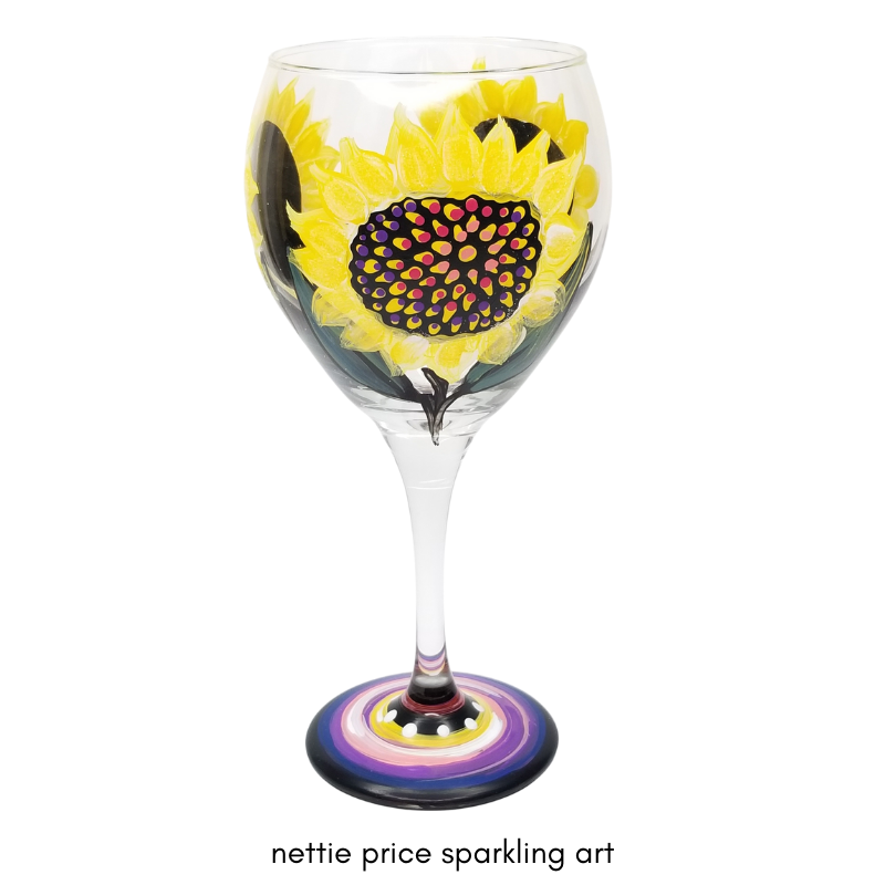 Sparkling Sunflowers Hand Painted Wineglass