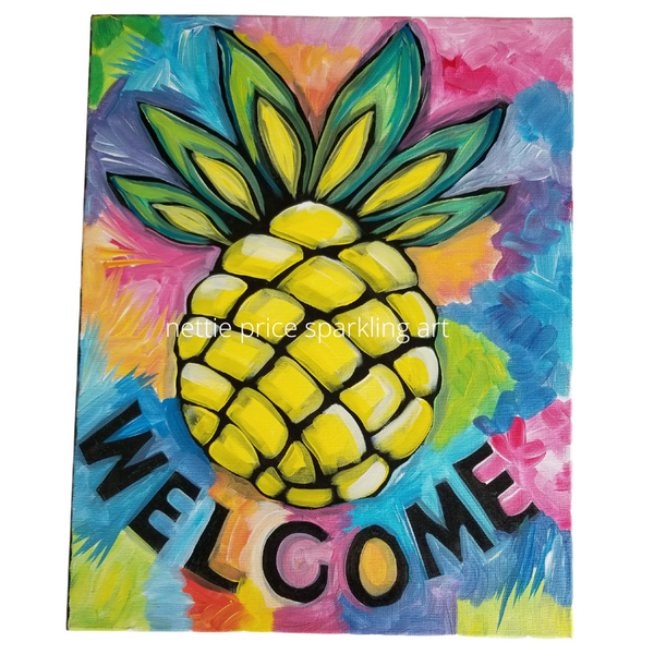 Welcome Pineapple Original Acrylic Sparkling Painting on Canvas 16x20x1
