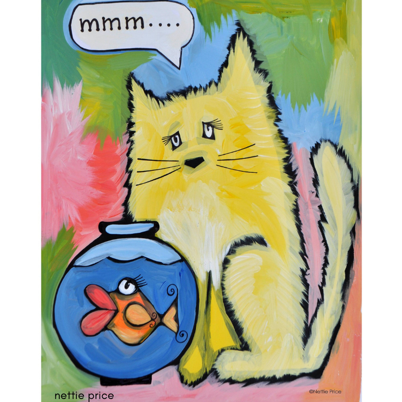 Yellow Cat & Fish Bowl Sparkling Art Print