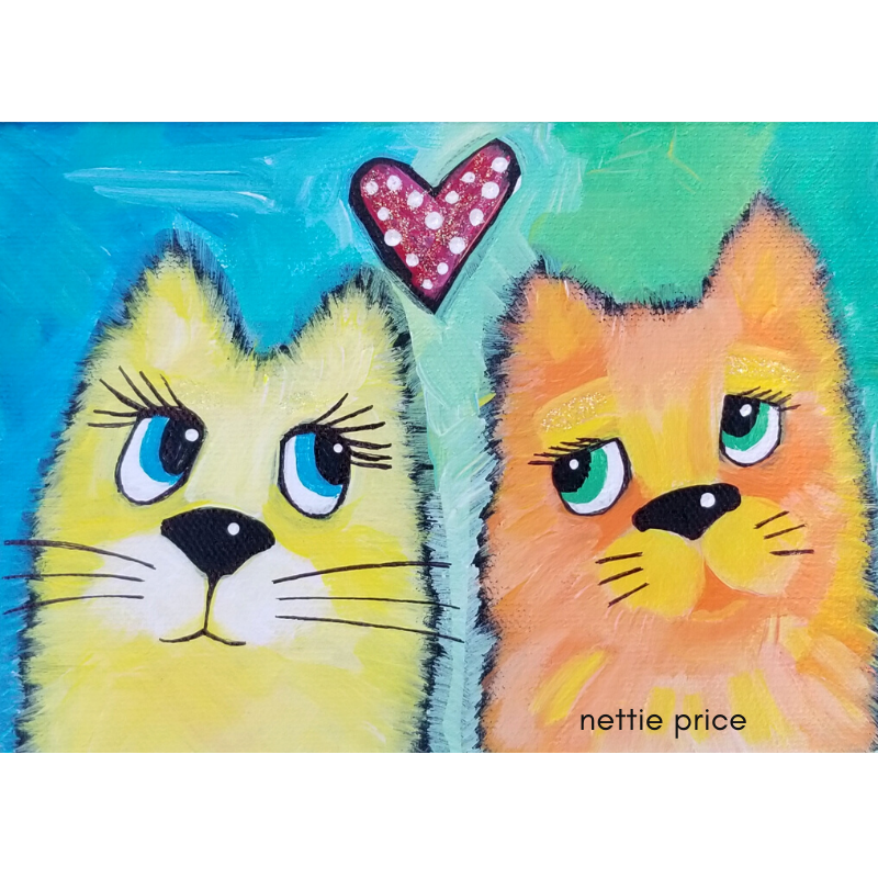 Yellow Orange Kitty Cat Friends Sparkling Art Print
